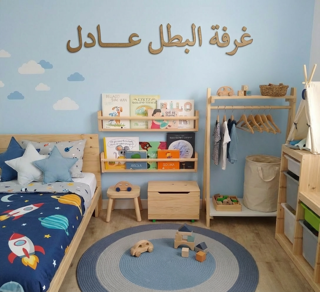 غرفة البطل [اسم طفلك] – ديكور خشبي مميّز لغرفة طفلك